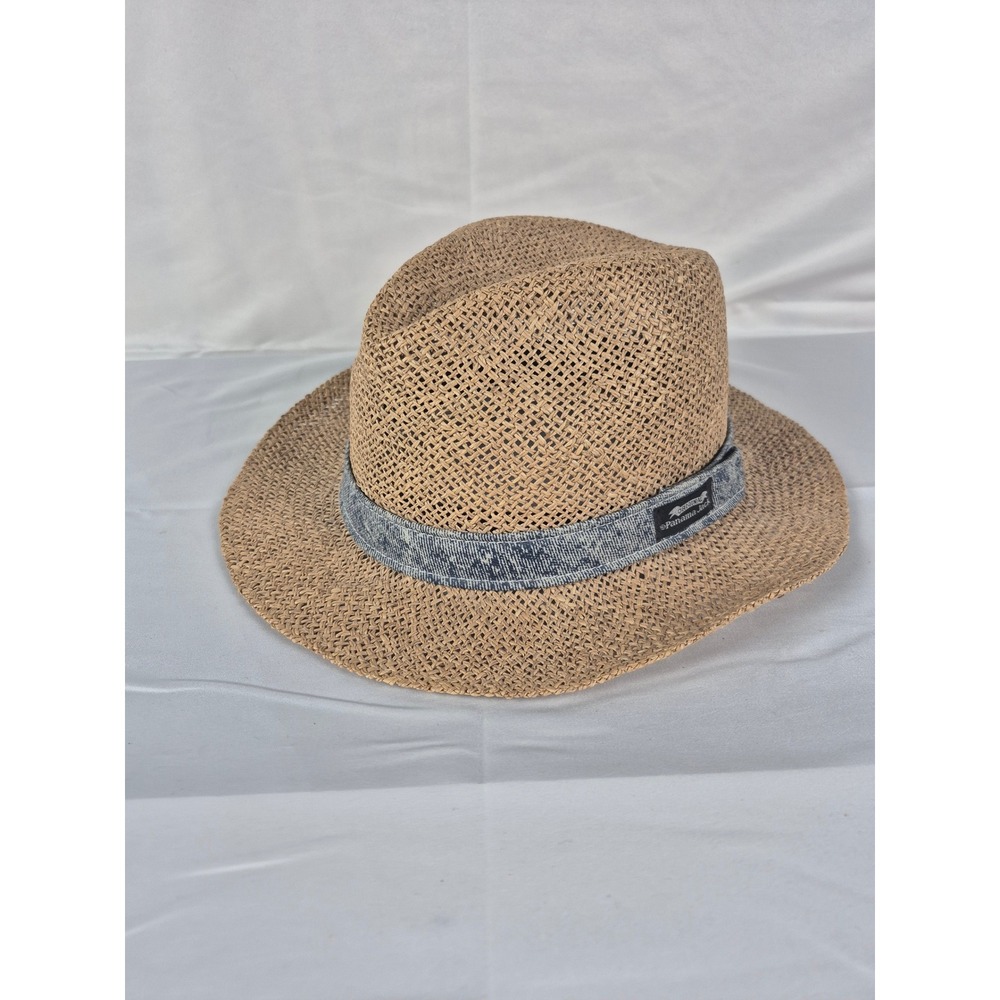 Panama Jack Straw Fedora Hat Tan Woven Sun Hat Blue Denim Band Mens Womens